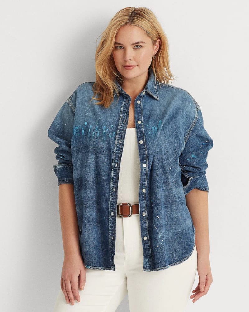 Front of a model wearing a size 2X Ralph Lauren Women's Plus Paint Splatter Denim Shirt Blue Size 2X in Blue by Ralph Lauren. | dia_product_style_image_id:313883